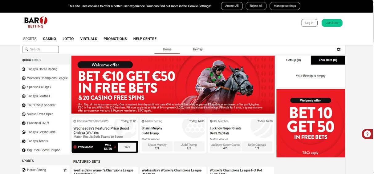 Bar One Racing Sportsbook UK Homepage pc
