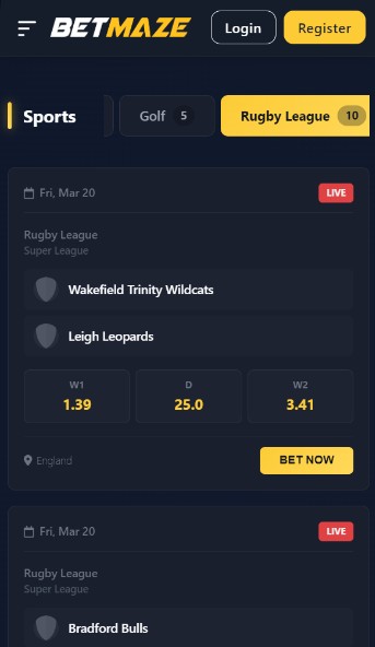 Betmaze Rugby betting UK mobile version