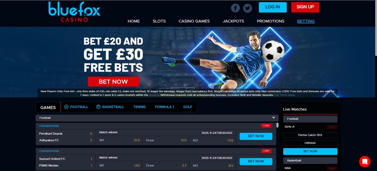 Bluefox UK Sportsbetting Homepage pc