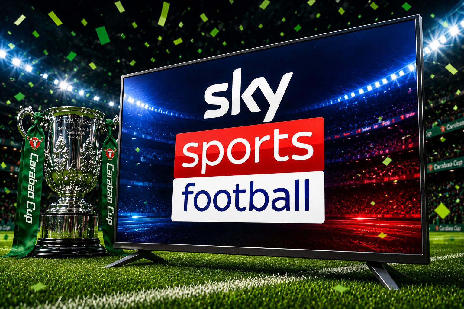 Carabao Cup trophy behind a large television showing the Sky Sports Football logo inside a floodlit stadium with green confetti.