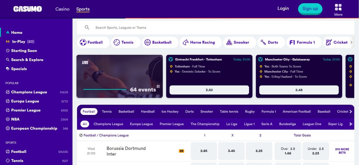 Casumo Sports UK Homepage pc
