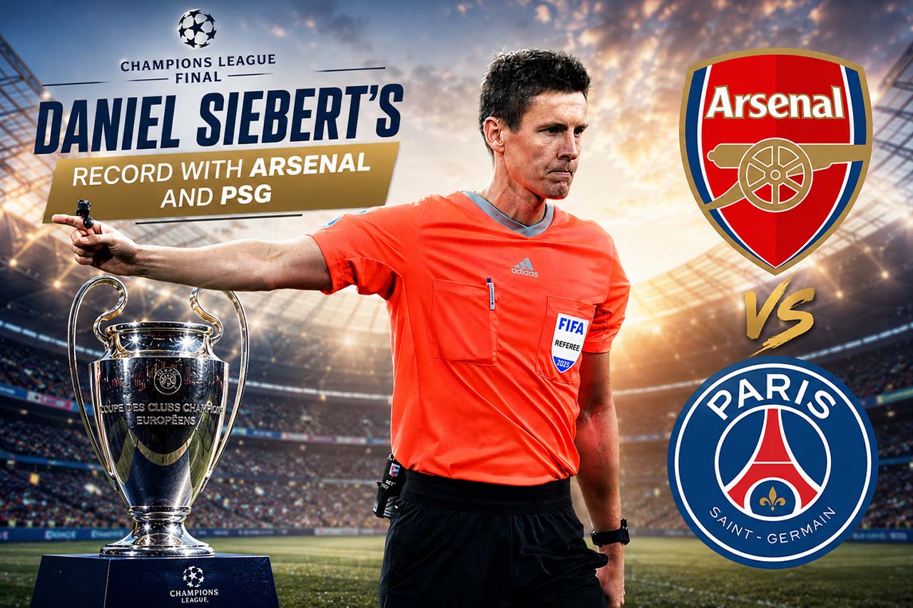 Champions League final referee Daniel Siebert with Arsenal and PSG ahead of the final