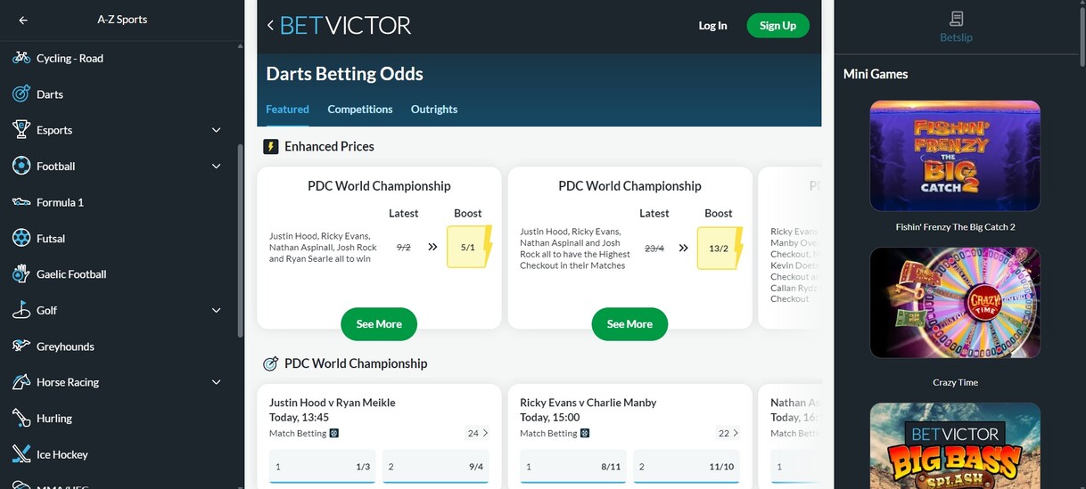 Darts Betting Betvictor UK pc
