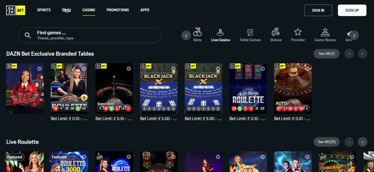 DAZNbet Casino UK Live Casino pc