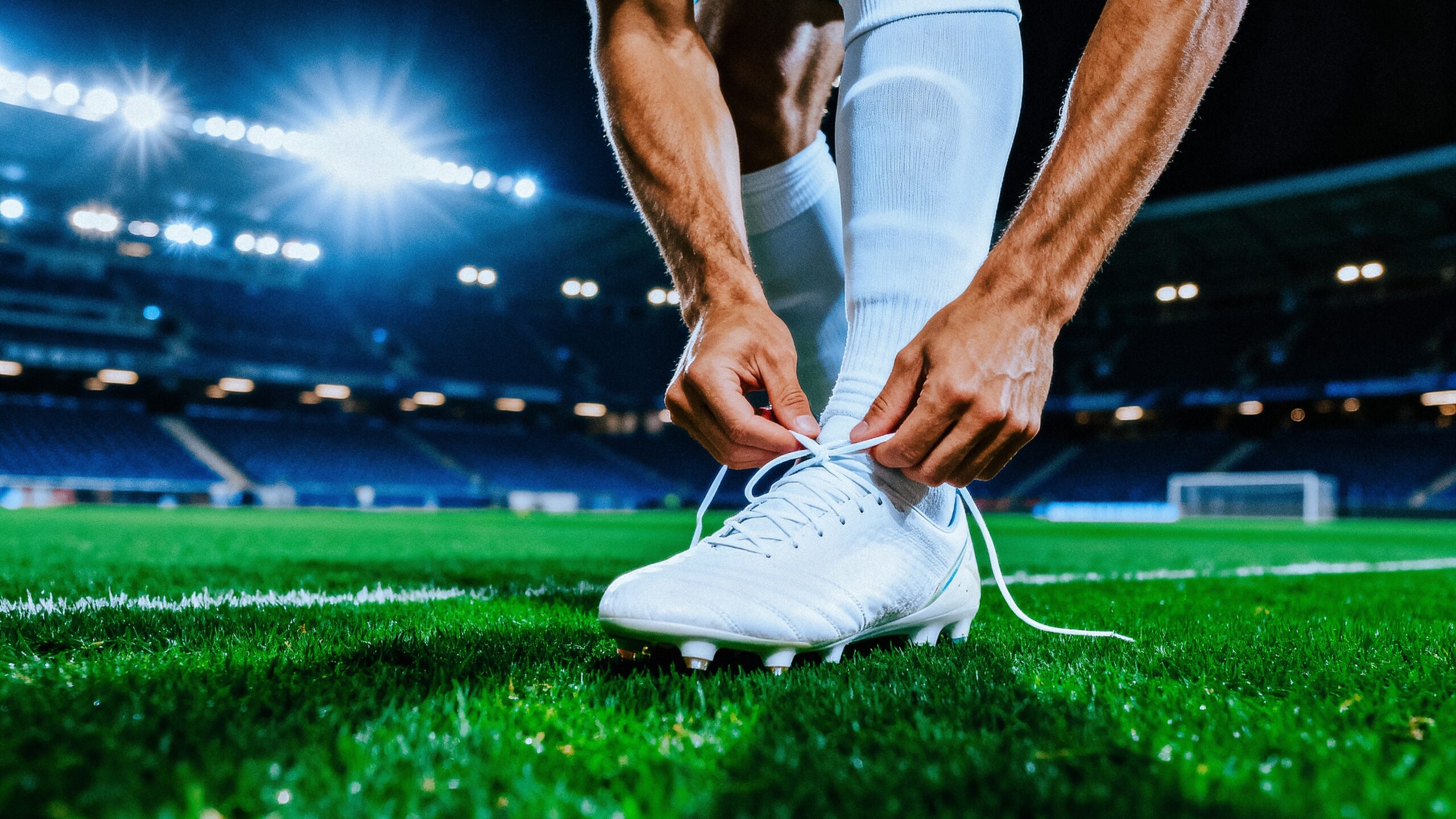 Football player ties his boots