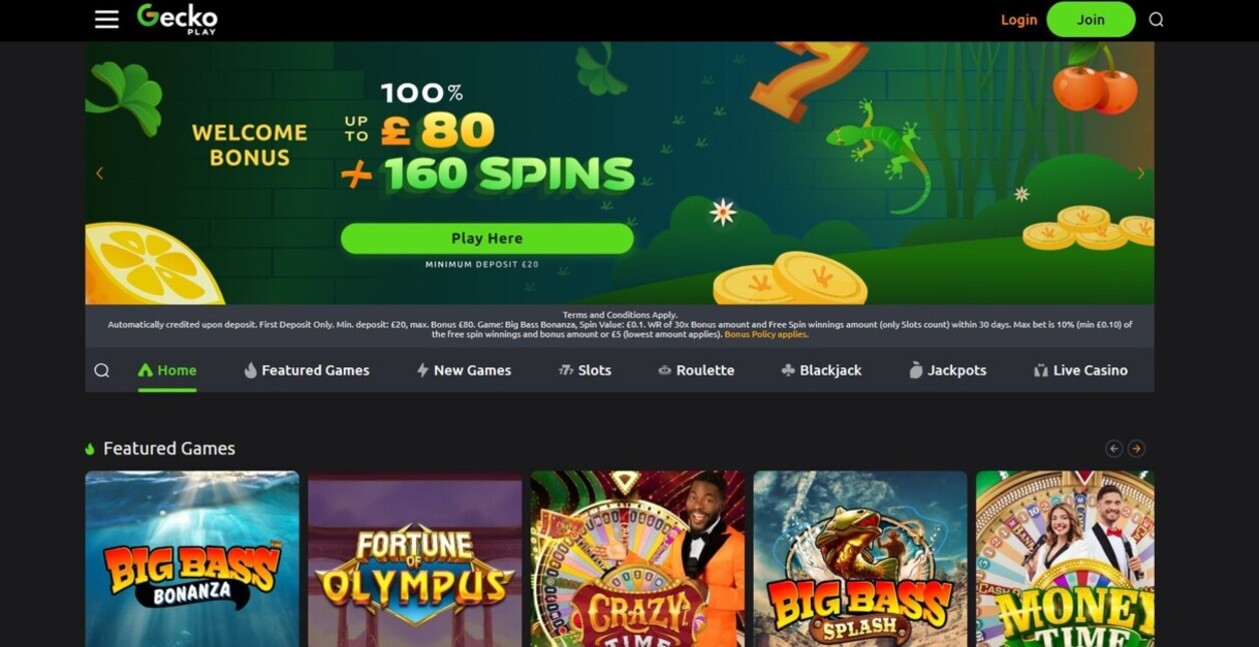 Geckoplay Casino UK Homepage pc