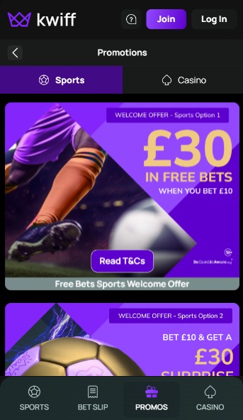 Kwiff UK Promotions Sports mobile
