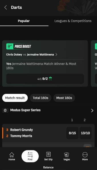 Livescorebet UK Darts betting mobile