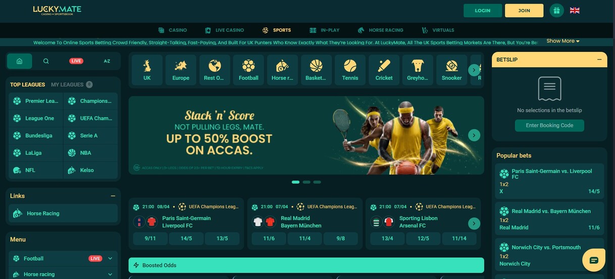 LuckyMate Sportsbook UK Homepage pc