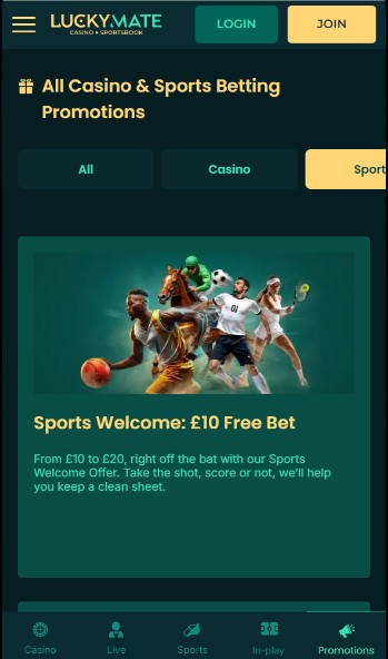 LuckyMate Sportsbook UK Promotions mobile version