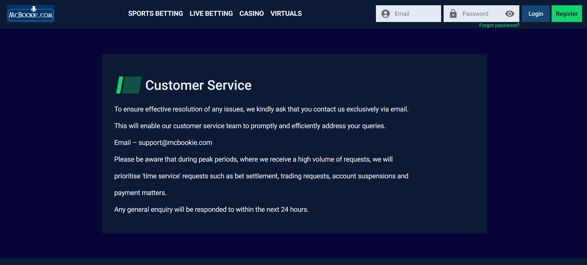 McBookie Customer service Sportsbook UK