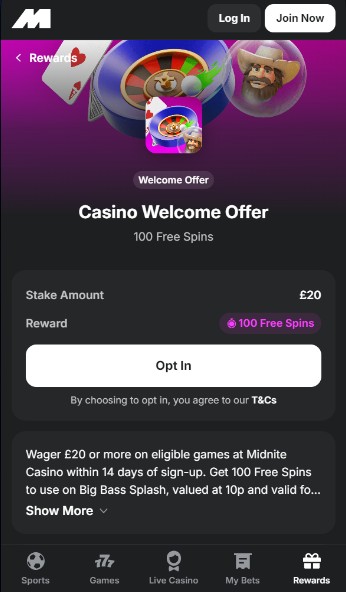 Midnite Casino Welcome offer UK mobile
