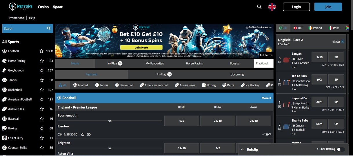 Neptuneplay UK Homepage Sportsbook pc