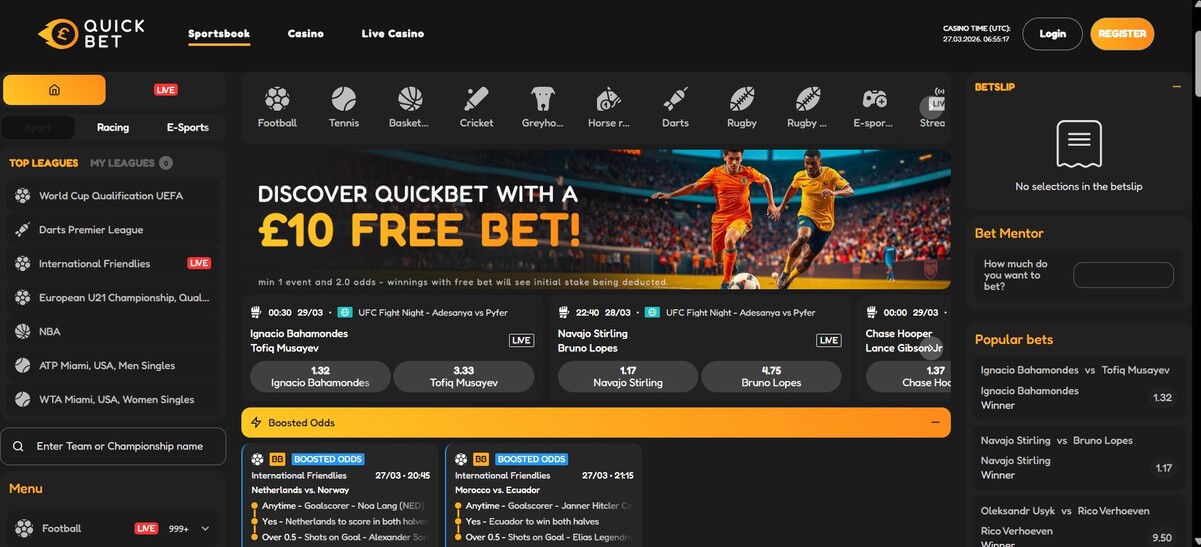 Quickbet Sportsbook Homepage UK pc