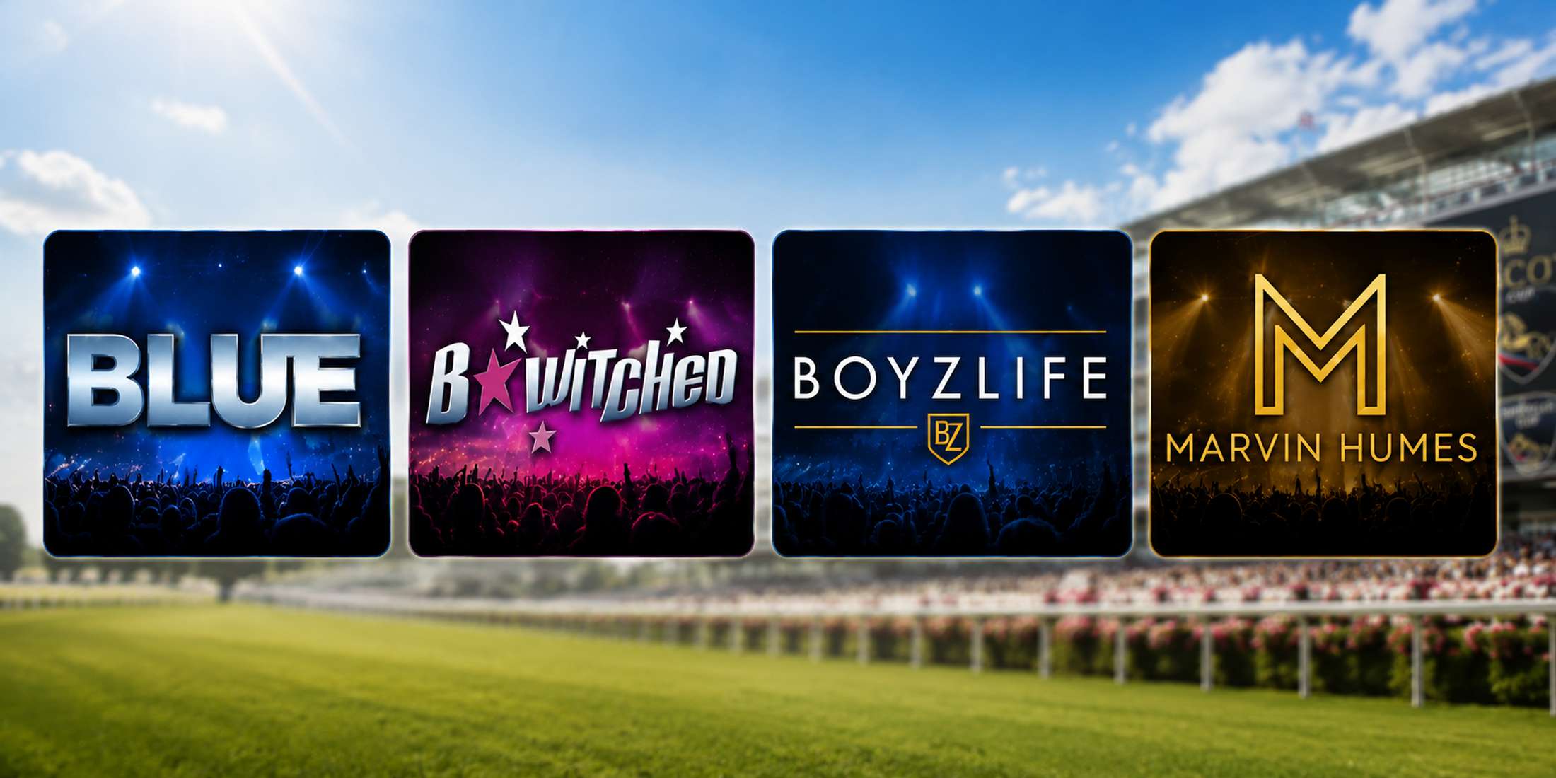 Shergar Cup 2026 concert line-up featuring Blue, B*Witched, Boyzlife and Marvin Humes against an Ascot Racecourse background.