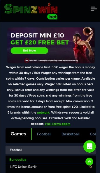 Spinzwin UK Homepage Sports mobile