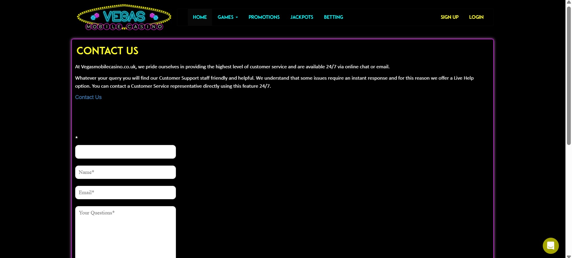 Vegas Mobile Casino UK Contact