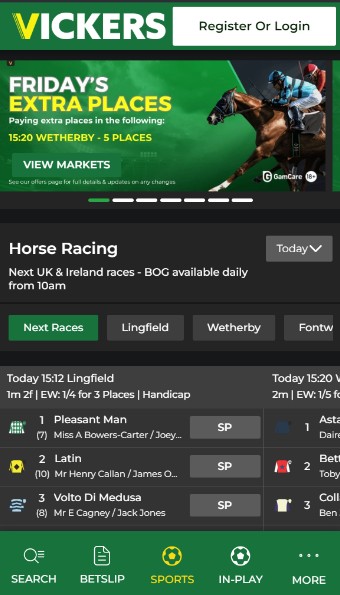 Vickers Sportsbook UK Homepage mobile version