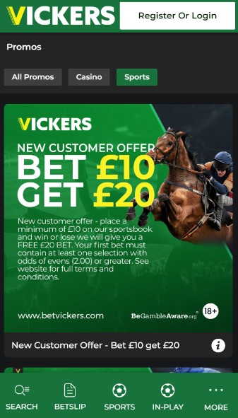 Vickers Sportsbook UK Promotions welcome offer mobile version
