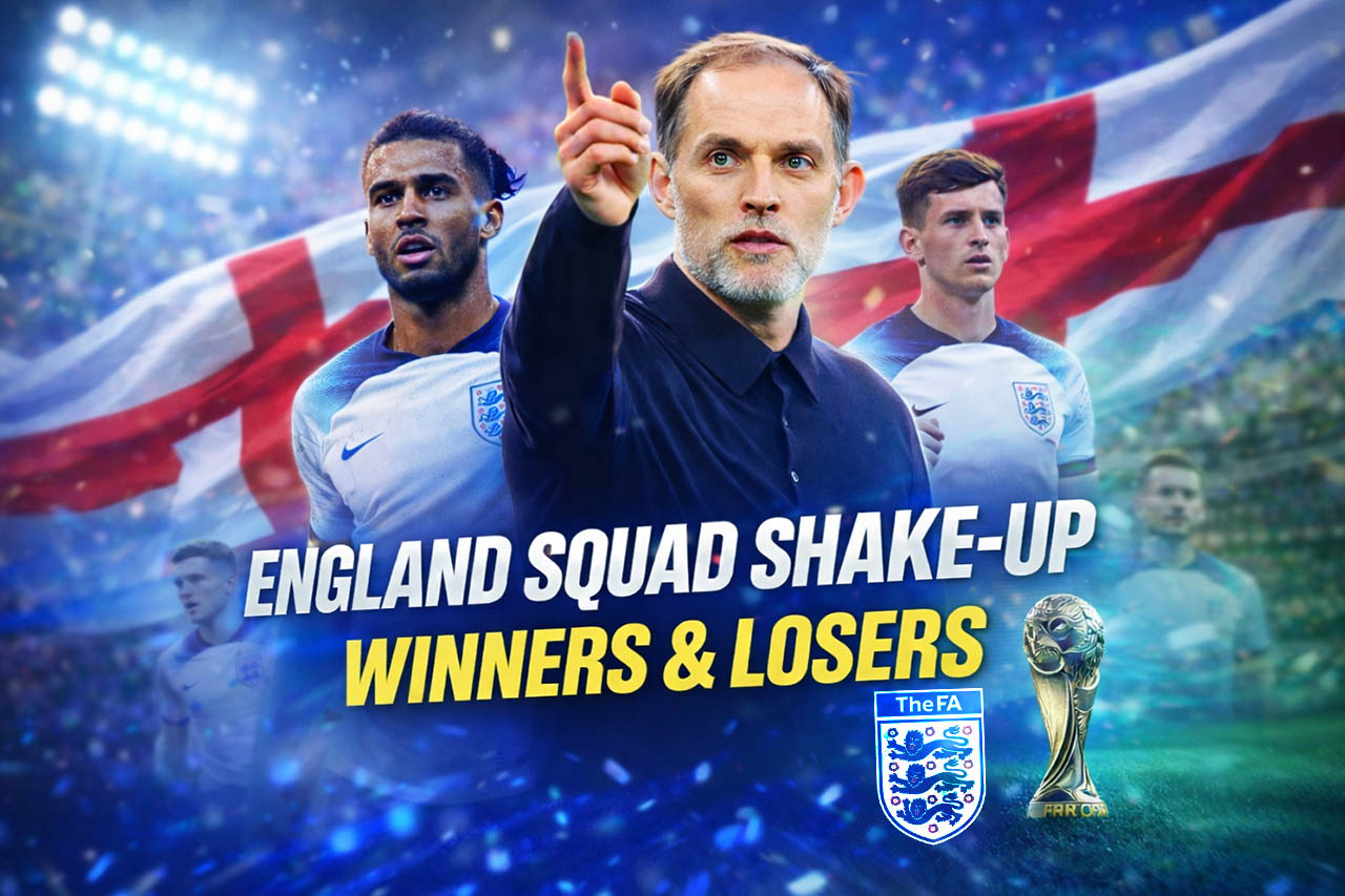 Tuchel England Squad winners and losers with England players and FA badge